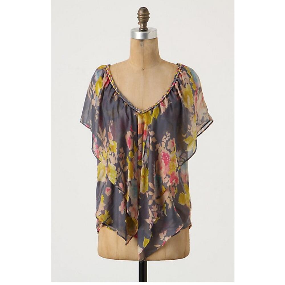 Anthropologie Postella Women's Floral Silk Flutter Sleeve Top Gray Yellow Small